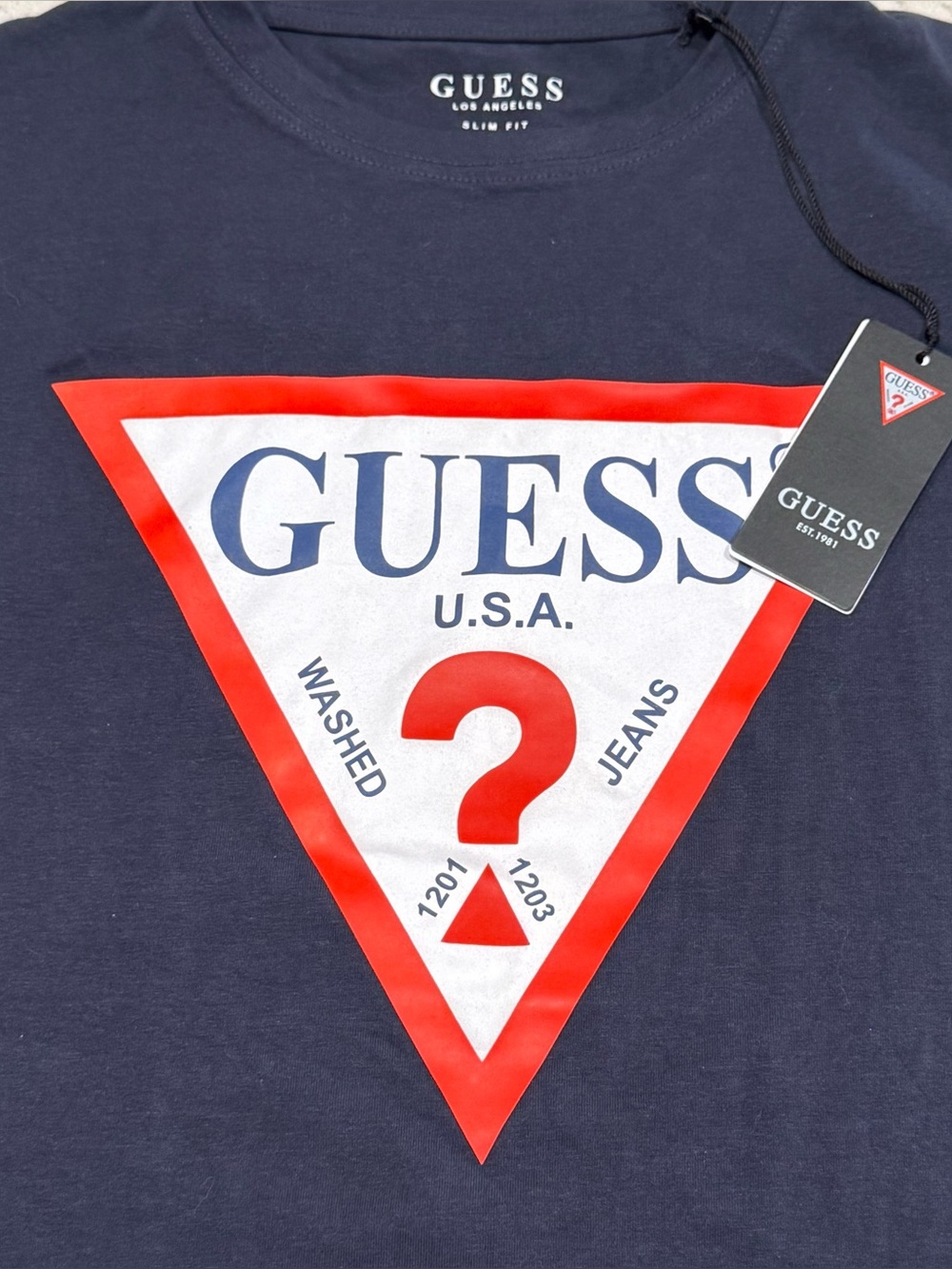 GUESS Navy Tee with Red & White Triangle Logo